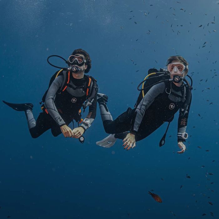Two divers exploring the sea with Aqualung scuba diving gear